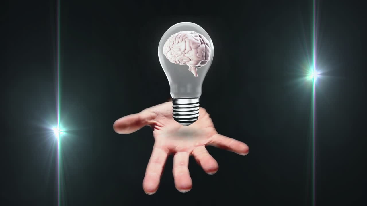 animación de una bombilla con la mano y el cerebro sobre puntos de luz