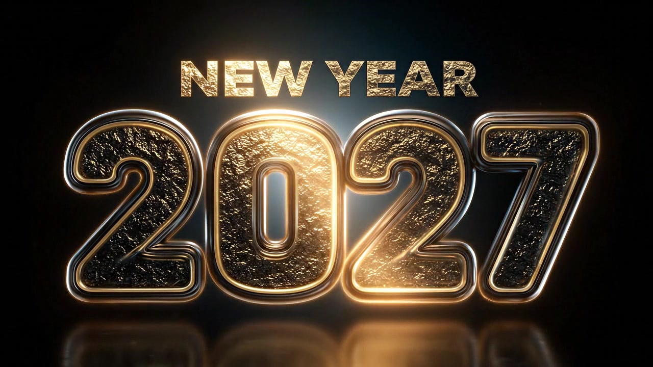 Augurio animato di Capodanno 2027 con testo metallico luminoso