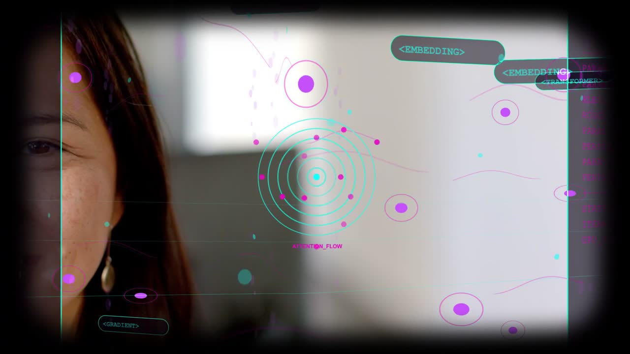 Donna di mezza età che reagisce a un HUD pulsante mentre monitora il TRAINING_LOG in laboratorio, con spazio per il testo.