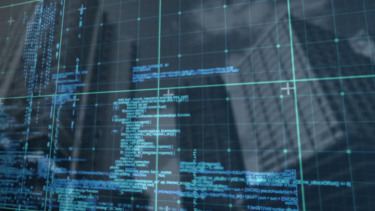 Digital code and data processing animation over cityscape with skyscrapers