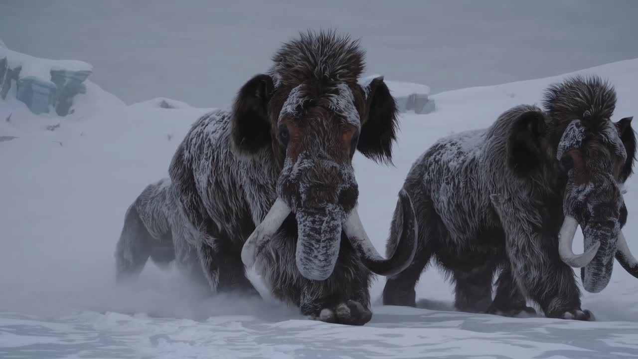 Low-angle shot of two woolly mammoths walking through a snowy landscape, capturing a prehistoric