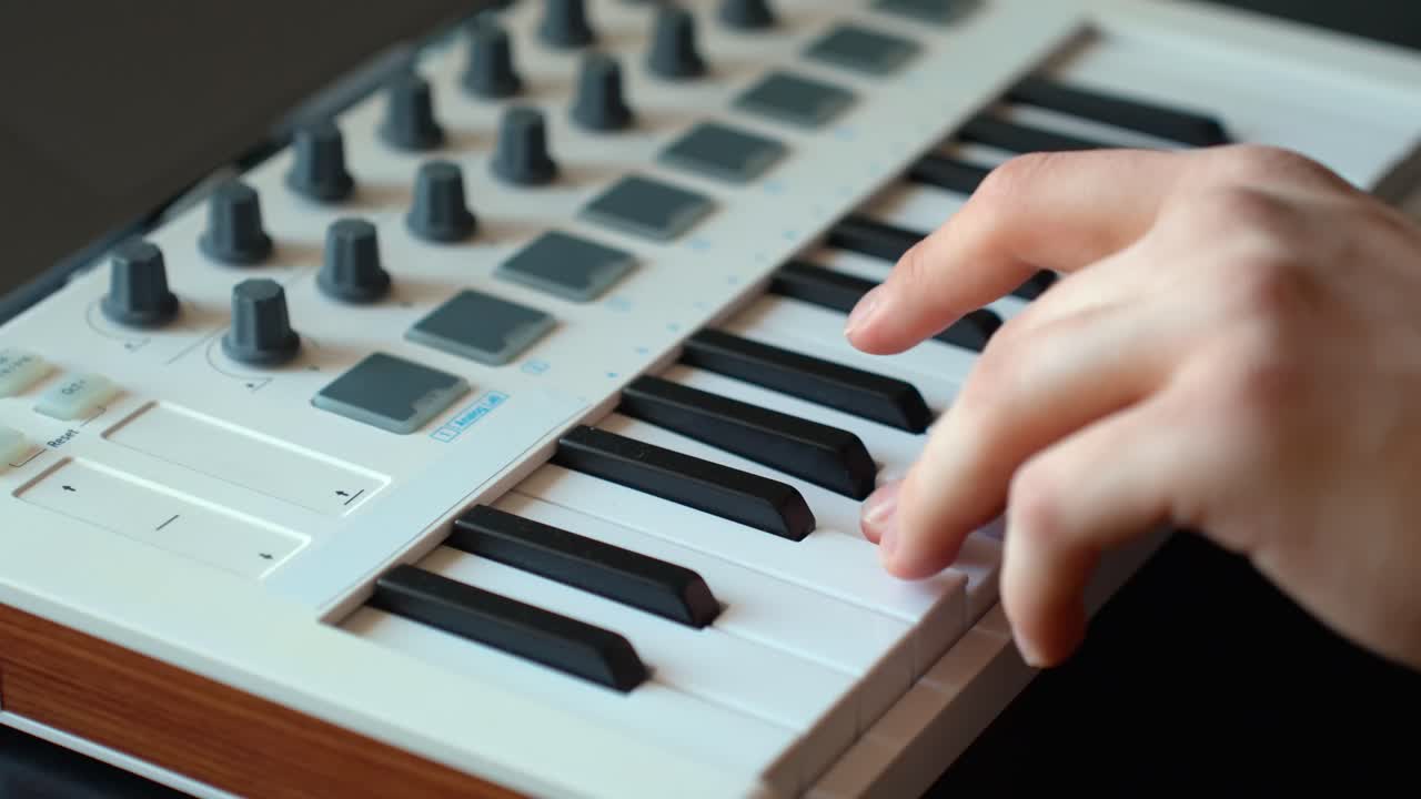 Hand playing MIDI keyboard controller in a home studio, creating and producing electronic music with modern digital instruments, focusing on composition and sound design