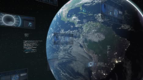 Animation-Von-Radargeräten,-Grafiken-Und-Computersprache-über-Den-Globus-Vor-Abstraktem-Hintergrund