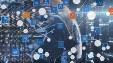 animation of light trails and media icons with globe on blue background