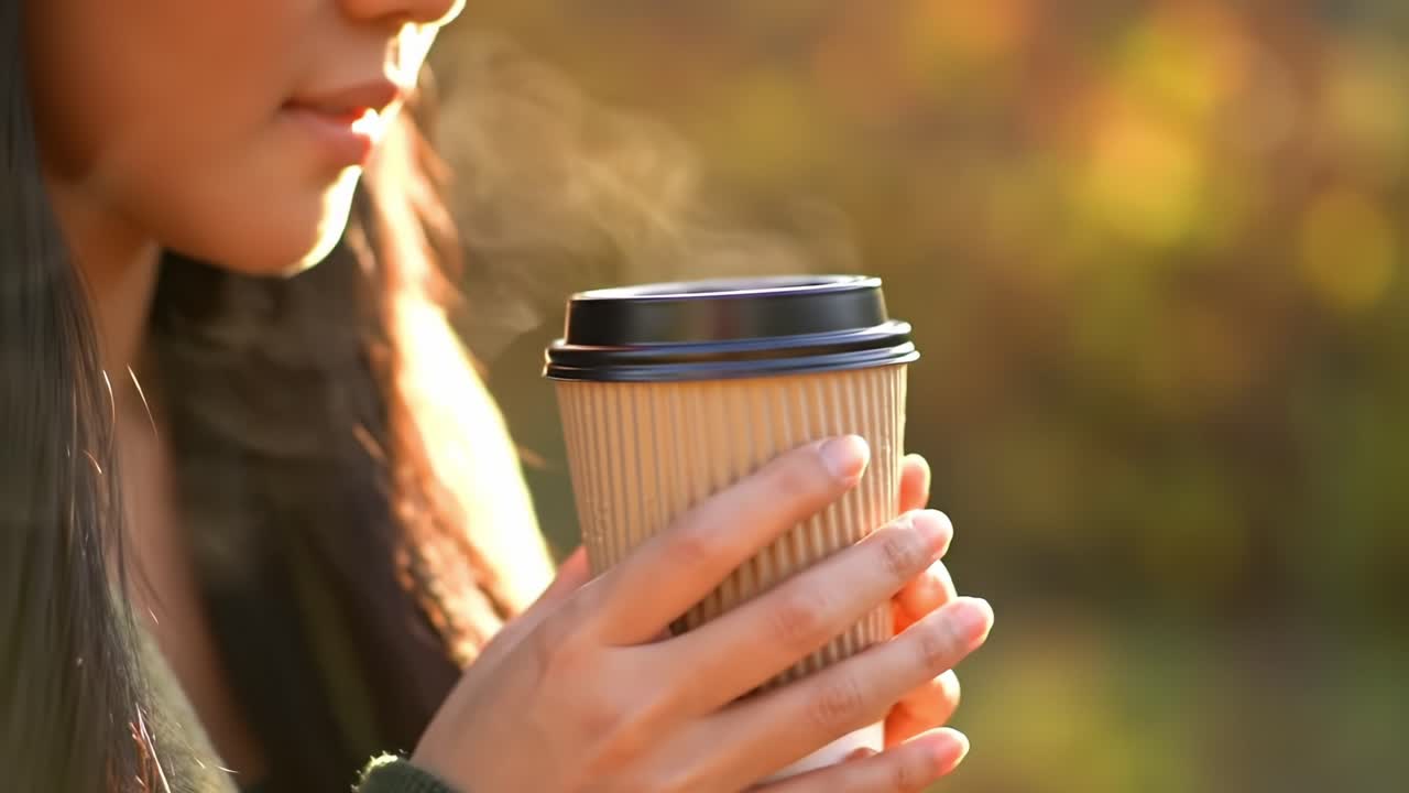 A Serene Moment: A Young Woman Holds a Warm Coffee Cup, Enjoying the Tranquility of Nature and the Comfort of a Favorite Beverage in a Beautiful Outdoor Setting