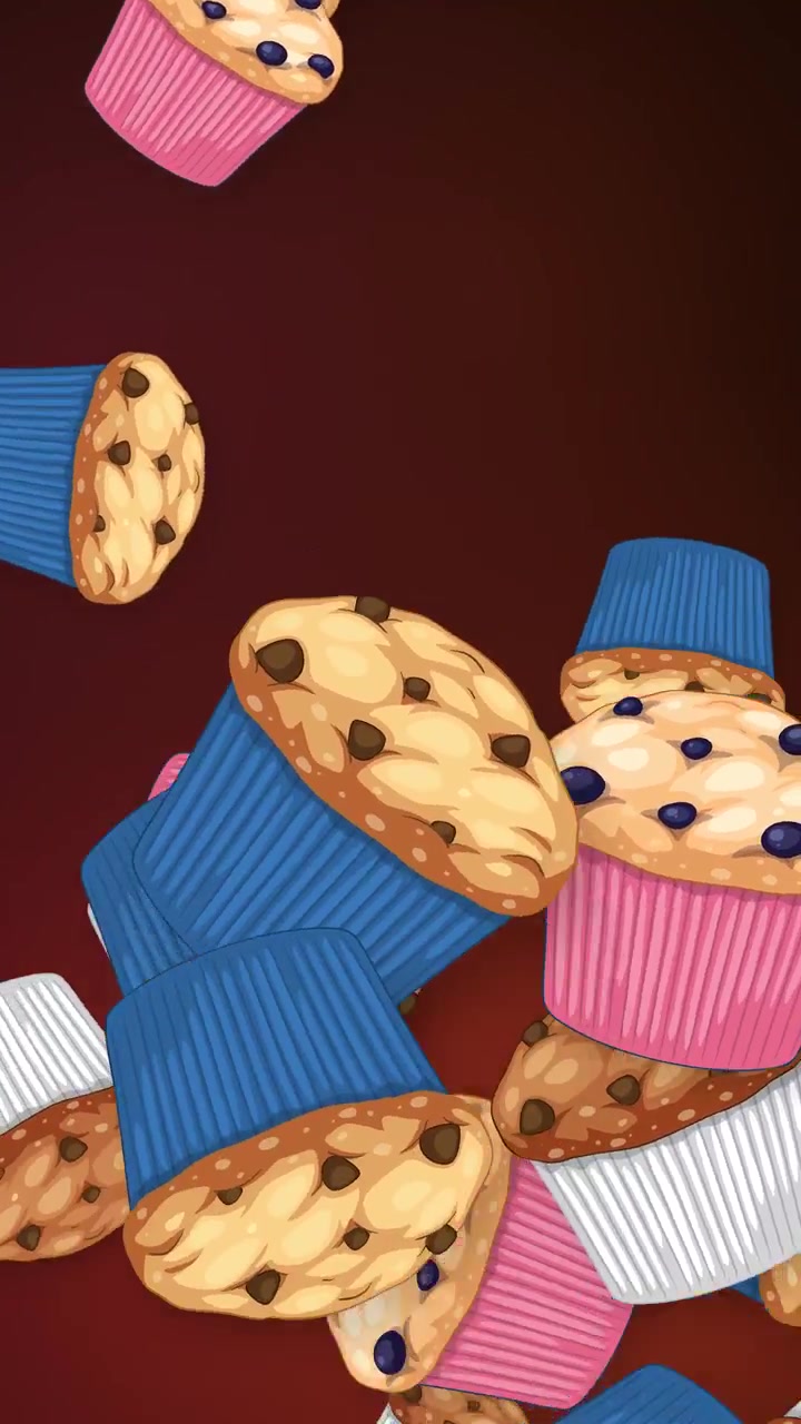 Muffin e cupcake illustrati e colorati cadono attraverso una cornice verticale rosso scuro in loop.