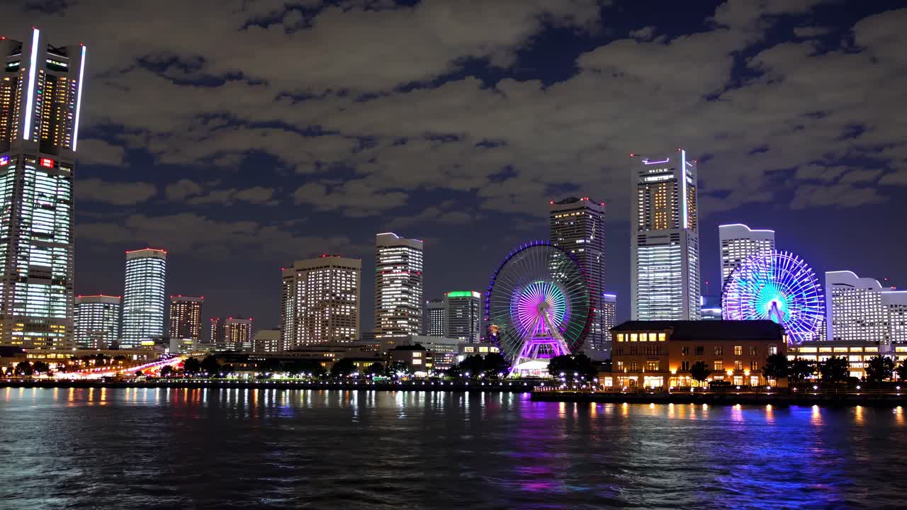 Yokohama City Skyline at Night with Ferris Wheel