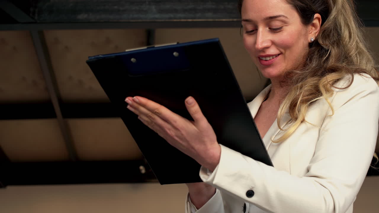 Close up of a professional woman holding a clipboard and pen while preparing for a meeting or presentation in a modern office