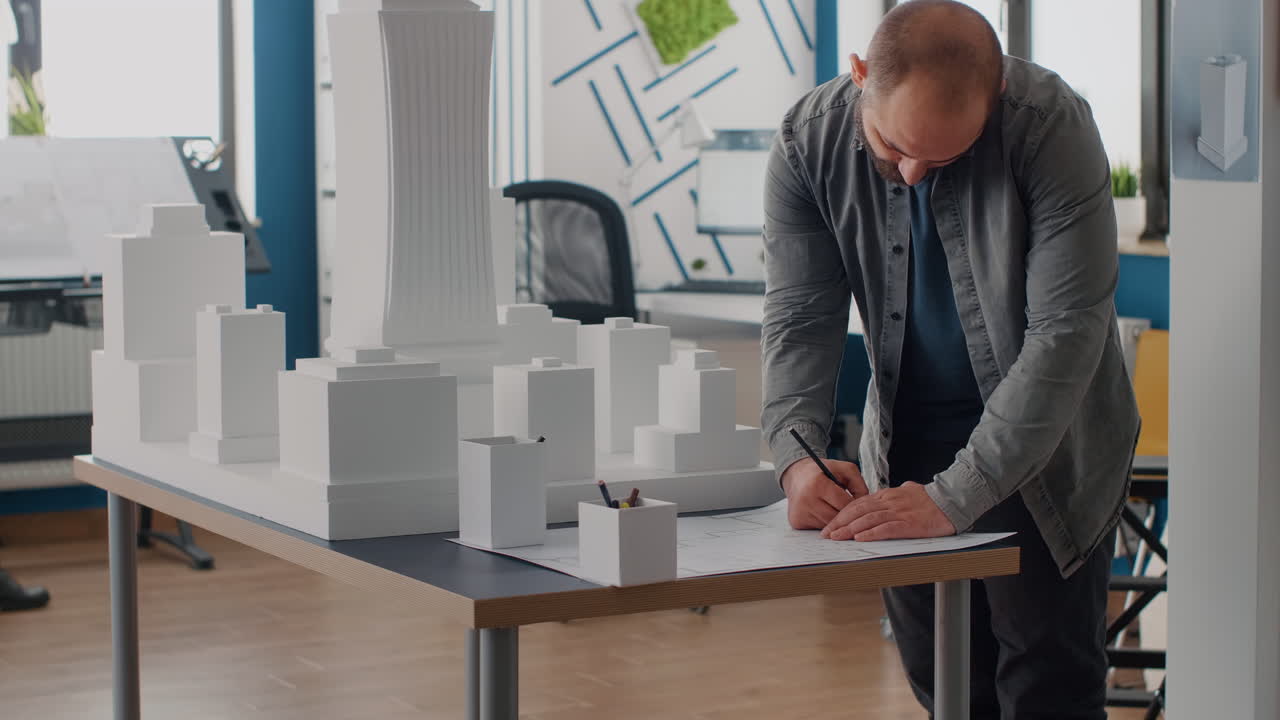 Architects working on building model and blueprints in office