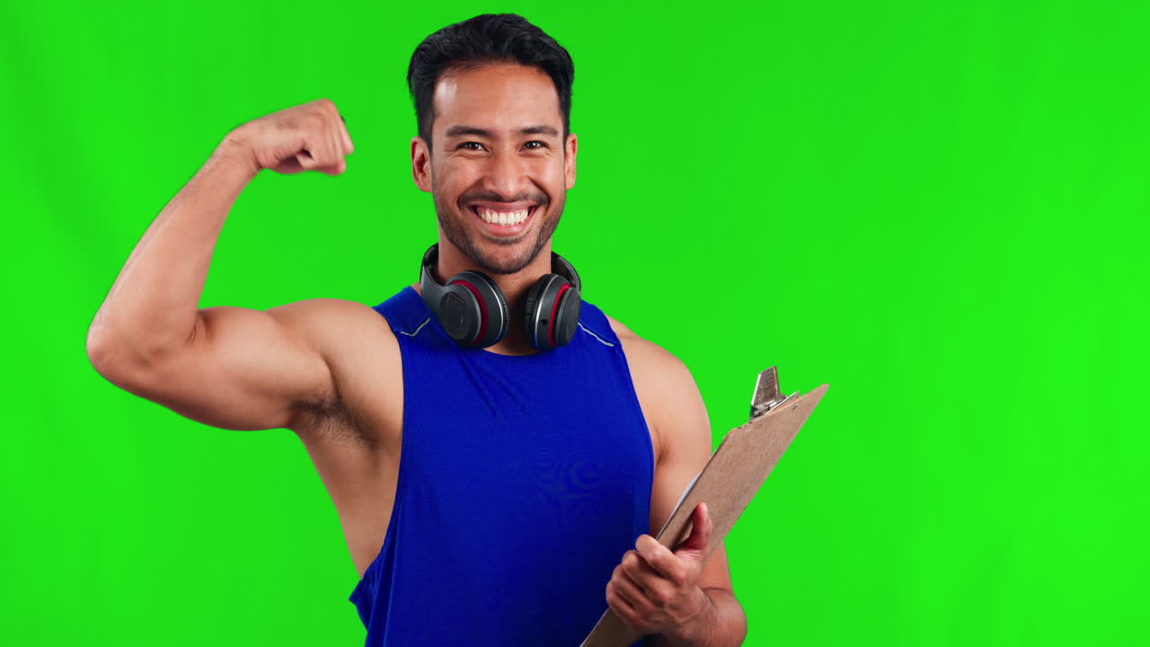 Fitness, flex and man in a studio with green