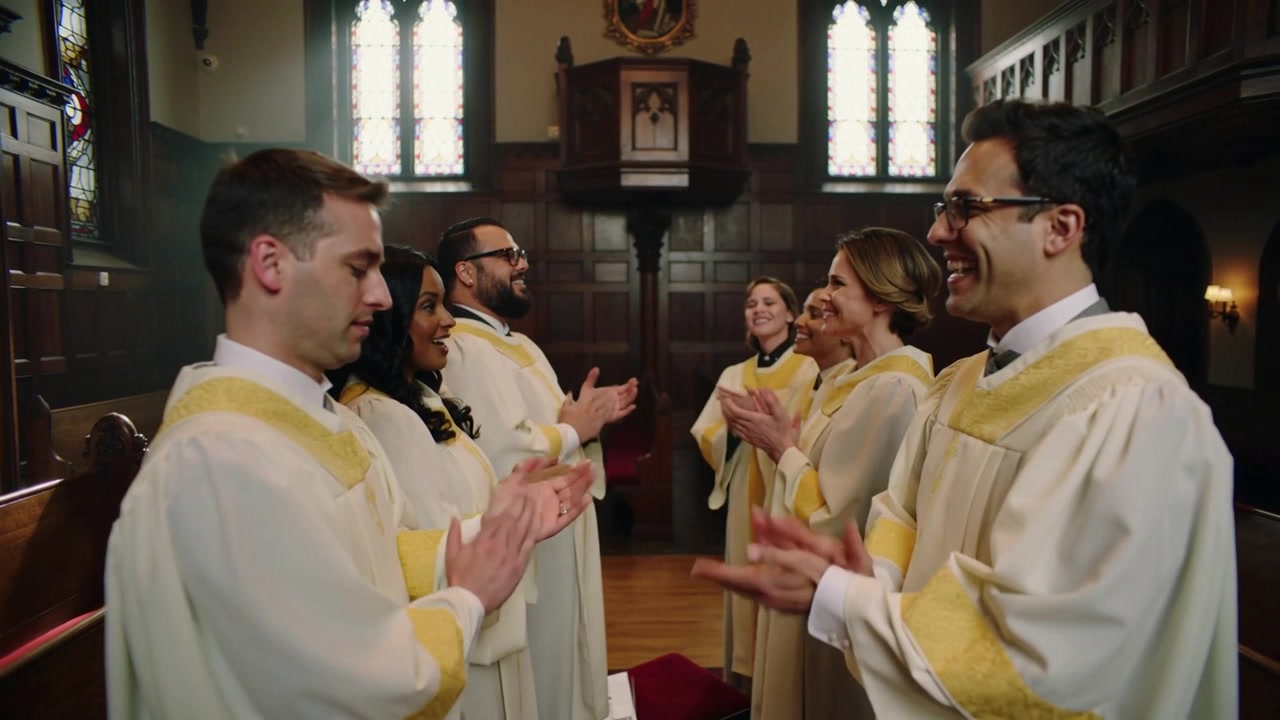 Coristas principais rindo, iniciando aplausos do grupo na capela, celebrando em vestes com estolas douradas.