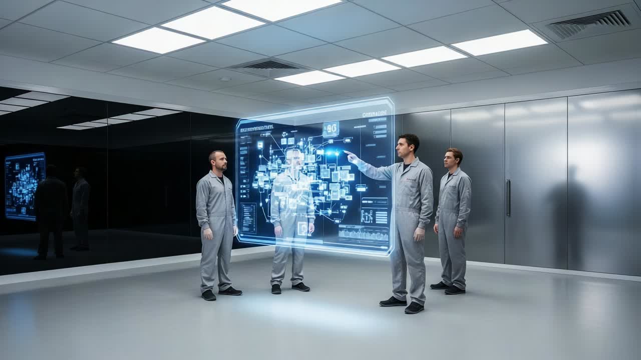 A group of scientists engaged in an advanced interactive technology demonstration, showcasing data analytics on a digital interface while collaborating in a sleek, high-tech laboratory environment