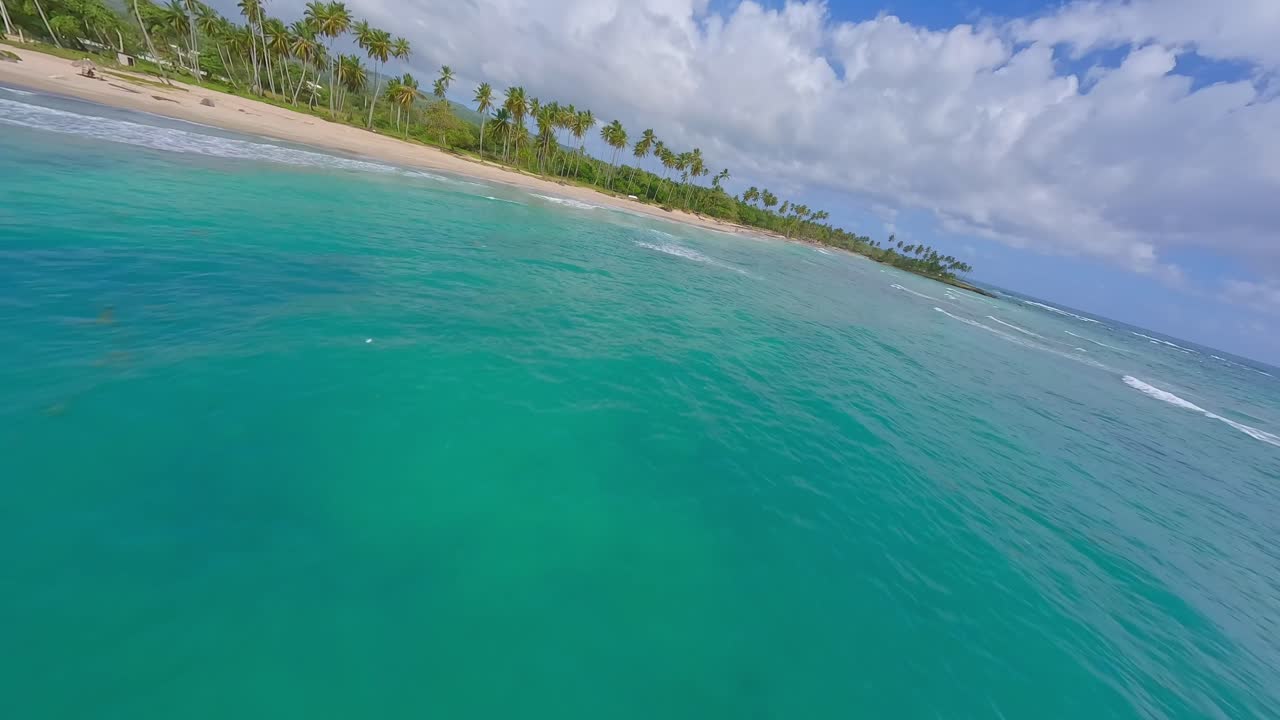Скоростной FPV полет над бирюзовым Карибским морем, песчаным пляжем, пальмами в солнечный день в Доминиканской Республике