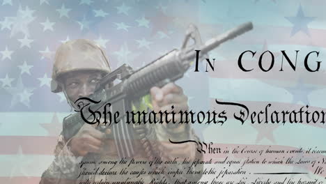 animation of soldier with gun over american flag