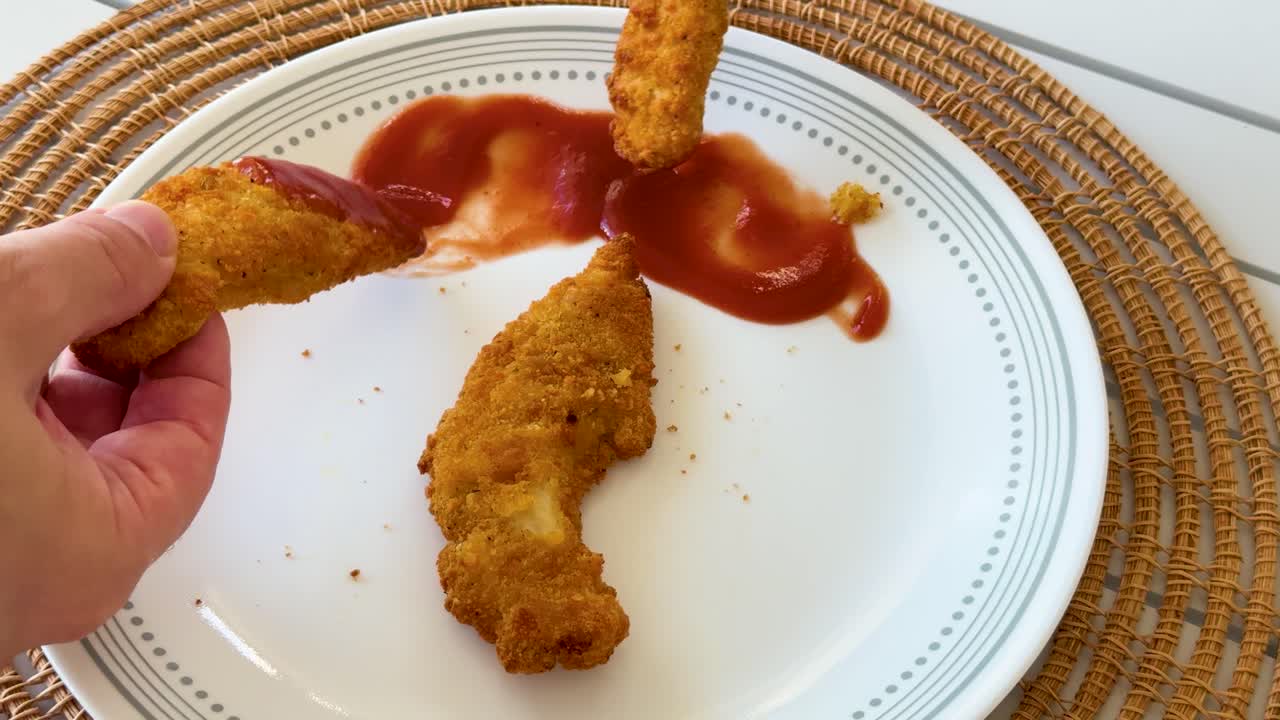 A hand picks up a breaded chicken tender from a plate, dips it into ketchup, and removes it, shot in bright natural lighting with a steady overhead camera