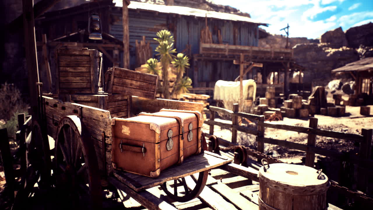 Old wagon with vintage luggage in a rustic western town during daylight