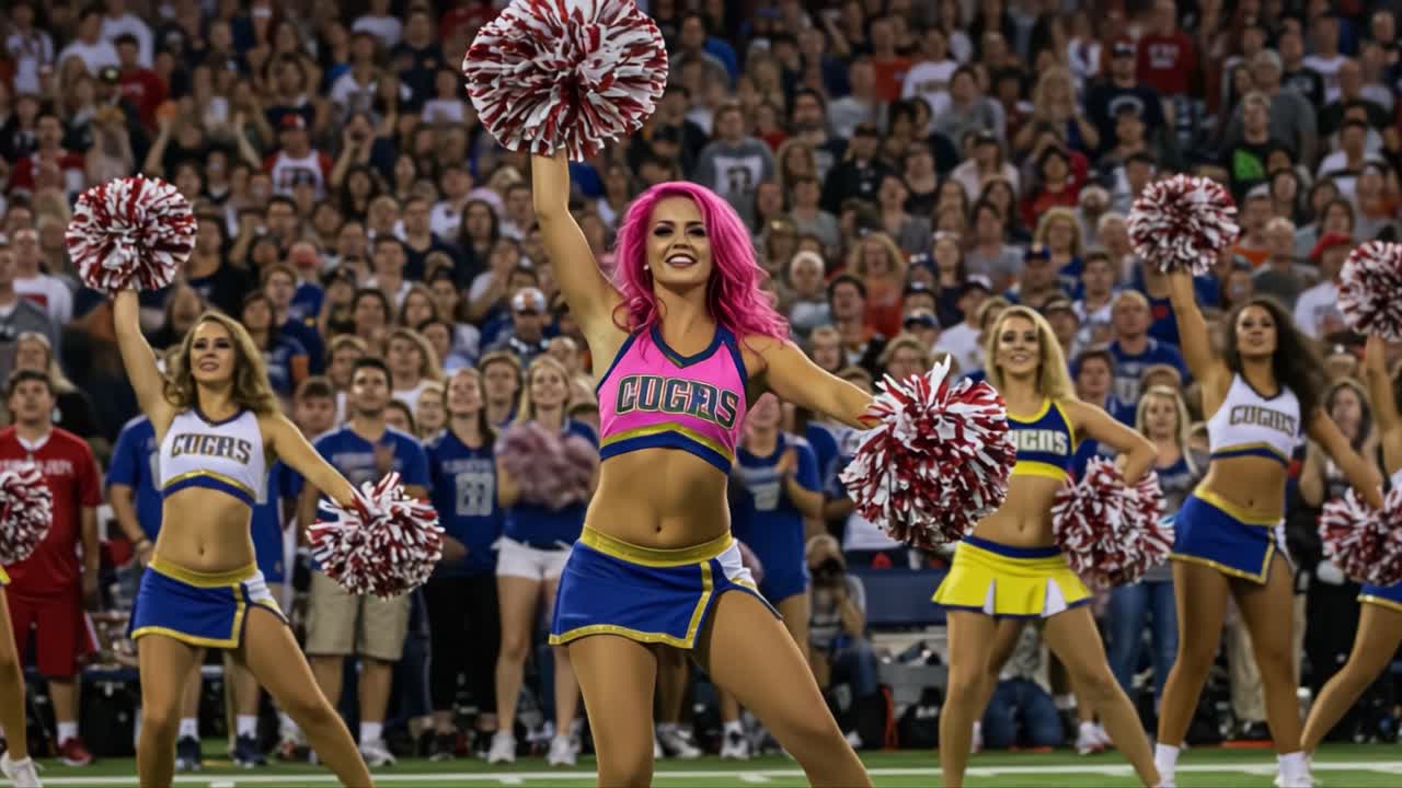Exciting Performance of Cheerleaders Captivating the Crowd with Enthusiasm and Energy, Showcasing Dynamic Moves and Colorful Pom-Poms During a High-Energy Event