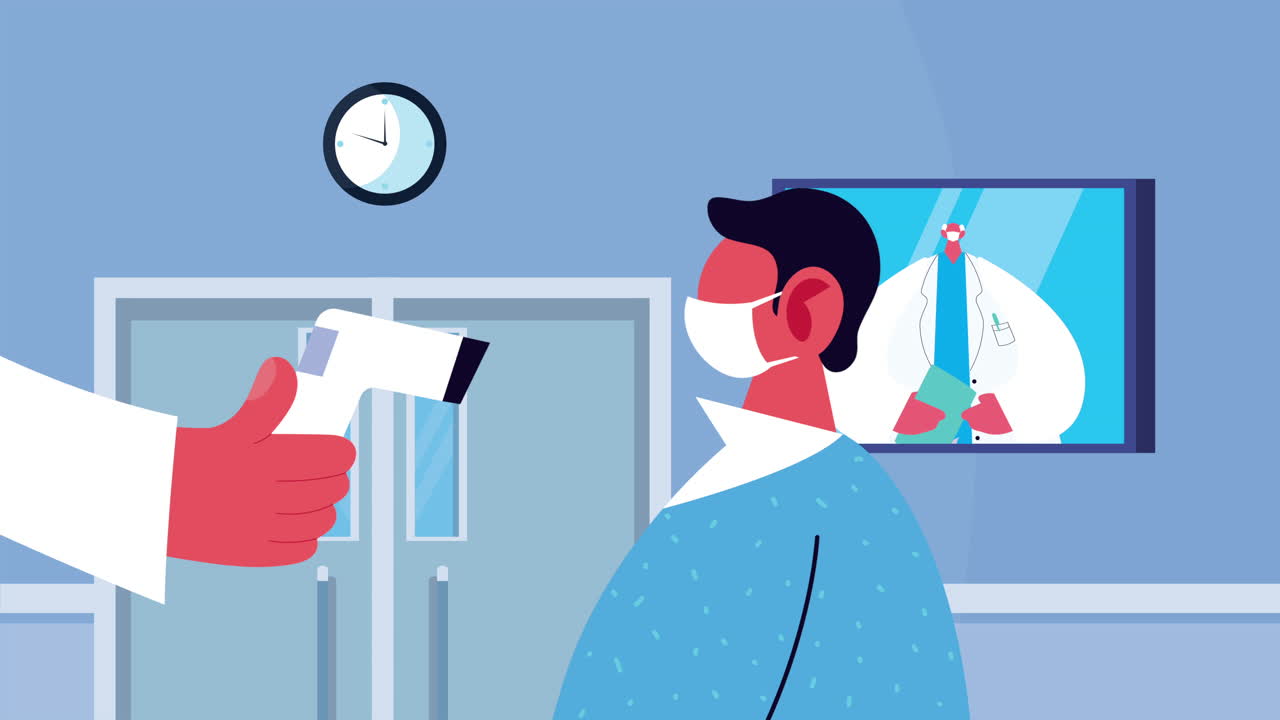 мужчина, носящий медицинские маски для covid-19 с лазерным термометром