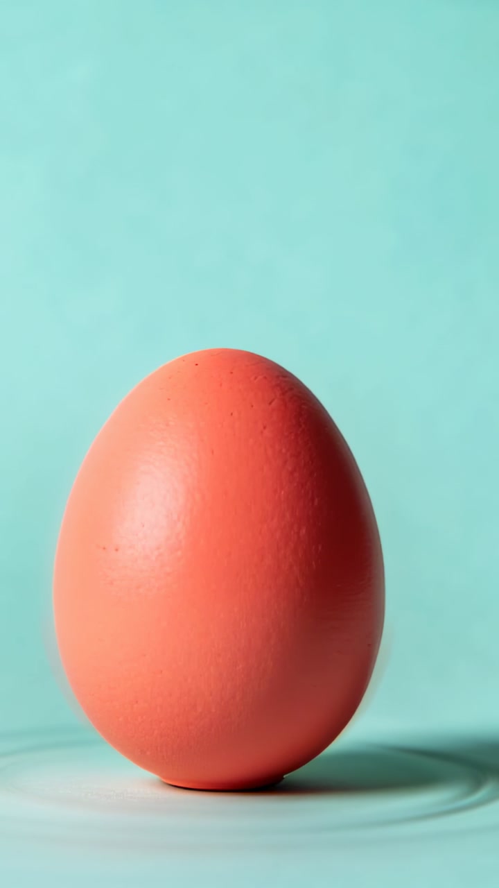 Vertical video: Entering coral egg wobbling then settling upright on turquoise tabletop, ring seen