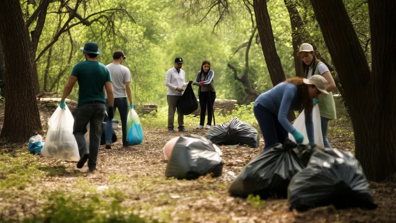 A group of volunteers cleaning a forest, captured from a rear angle