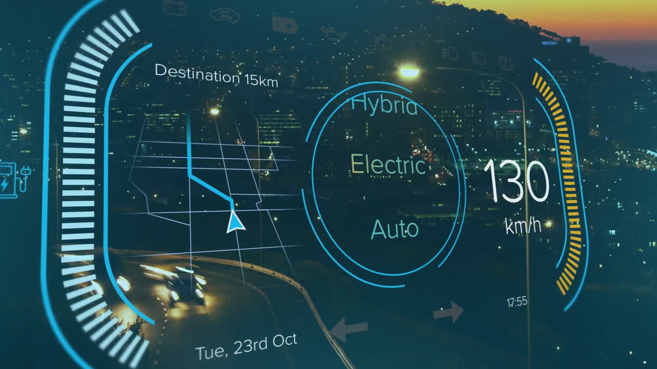 animación de números cambiantes, textos múltiples en el velocímetro, lapso de tiempo de vehículos en movimiento en la ciudad