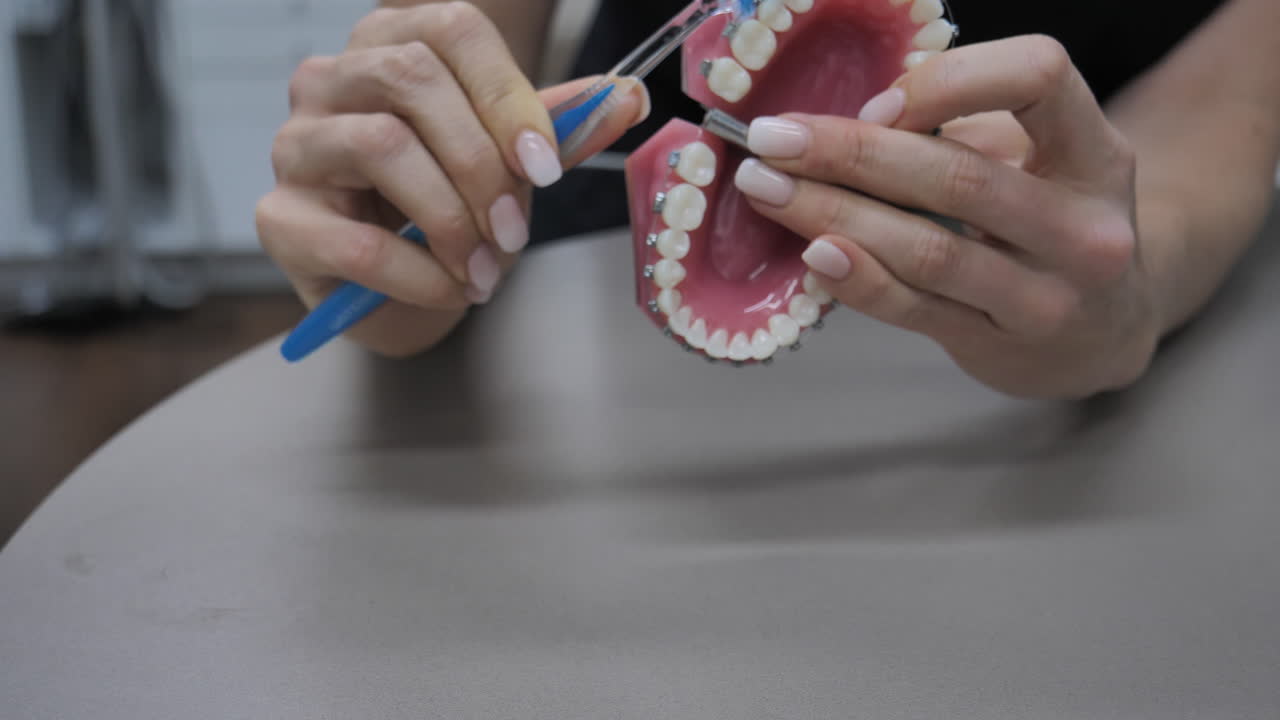A woman brushes teeth with braces
