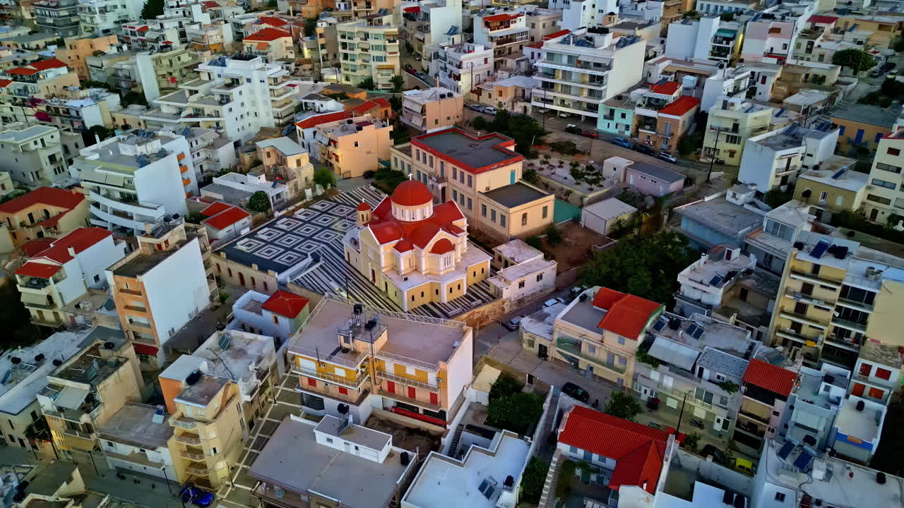 Aerial view around Church of St. Catherine, sunset in Sitia, Crete, Greece