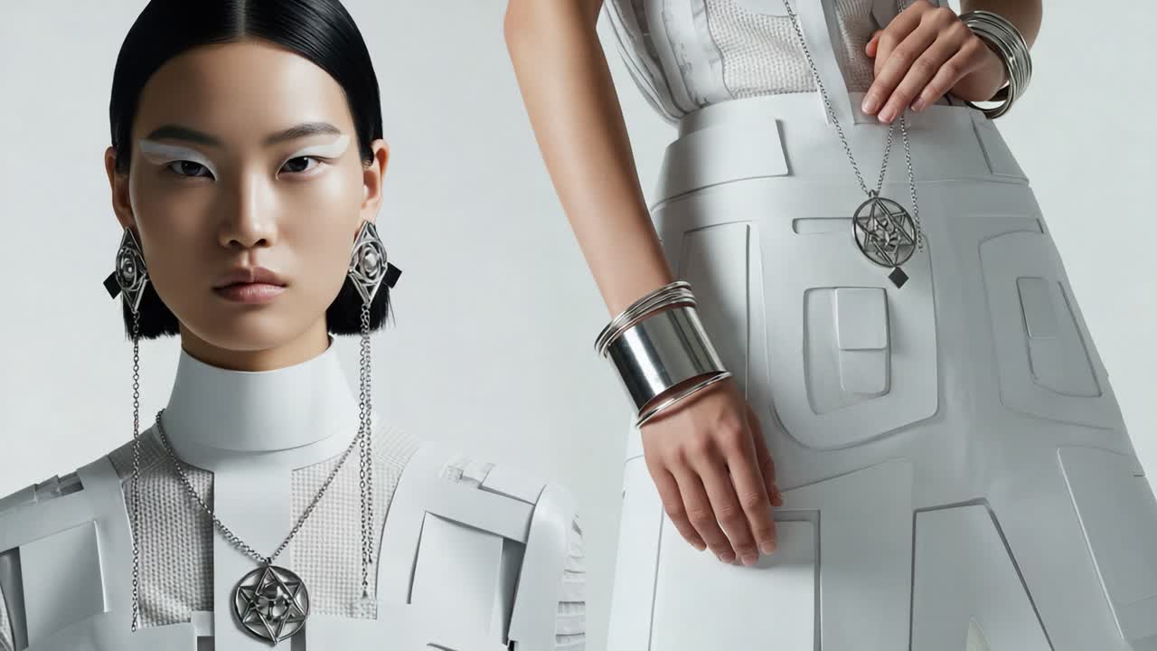 A Stunning Display of Futuristic Fashion: Captivating Model in Avant-Garde White Attire Showcasing Unique Accessories and Bold Makeup Design