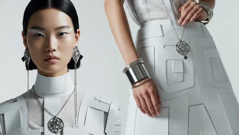 a stunning display of futuristic fashion: captivating model in avant-garde white attire showcasing unique accessories and bold makeup design