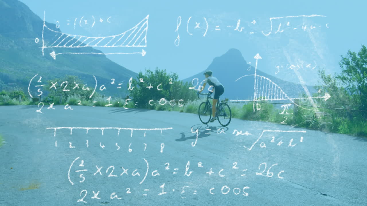 도로에서 자전거를 타는 여성에 대한 수학 방정식과 다이어그램
