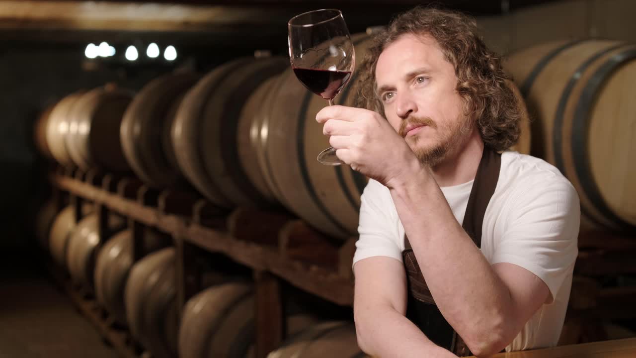 Authentic shot of successful male sommelier is tasting a flavor and checking white wine quality poured in transparent glass in a wine cellar.