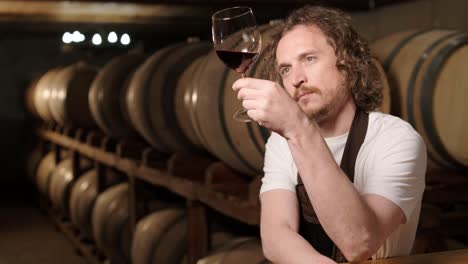 authentic shot of successful male sommelier is tasting a flavor and checking white wine quality poured in transparent glass in a wine cellar.