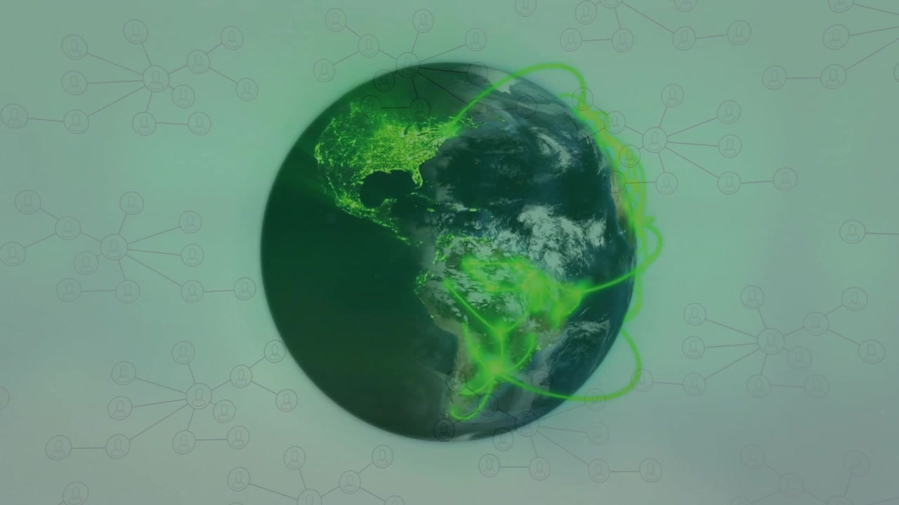 Globo che ruota verso ovest al caricamento, evidenziando agglomerati urbani, disegnando archi verdi per una demo di rete
