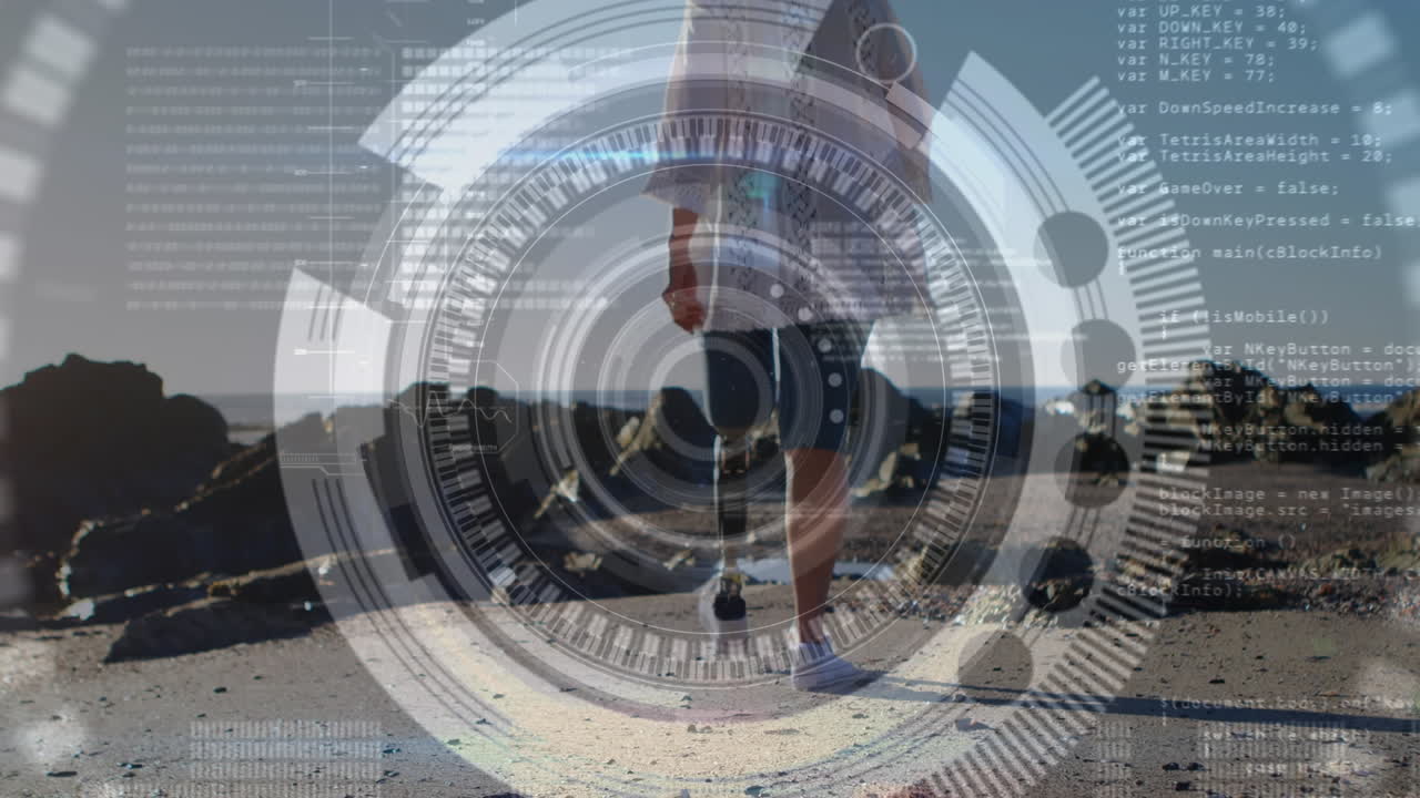 animación de escaneo de alcance sobre mujer con extremidad artificial caminando por la orilla del mar