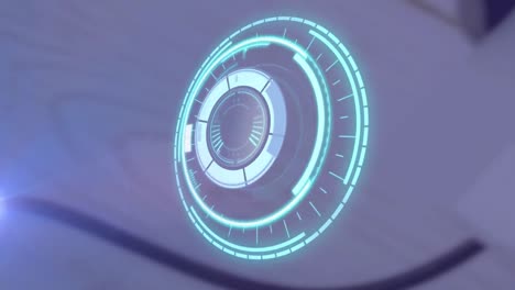 animation of rotating safe lock over light trail on blurred background