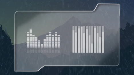 animation of financial data processing over landscape on dark background