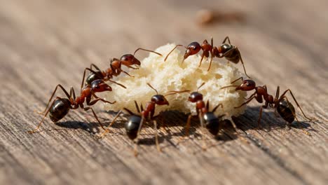 a close-up observation of ants gathering around a piece of bread on a wooden surface, capturing their intricate social behavior and foraging activities
