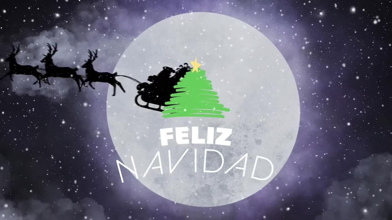 animación de feliz navidad, árbol de navidad y trineo de santa sobre luna llena y nieve cayendo.