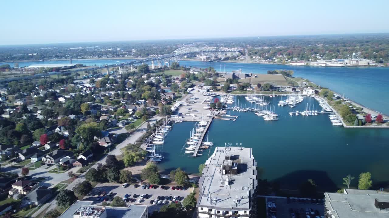 Cityscape of Sarnia Ontario with Blue Water Bridge in Background Drone View