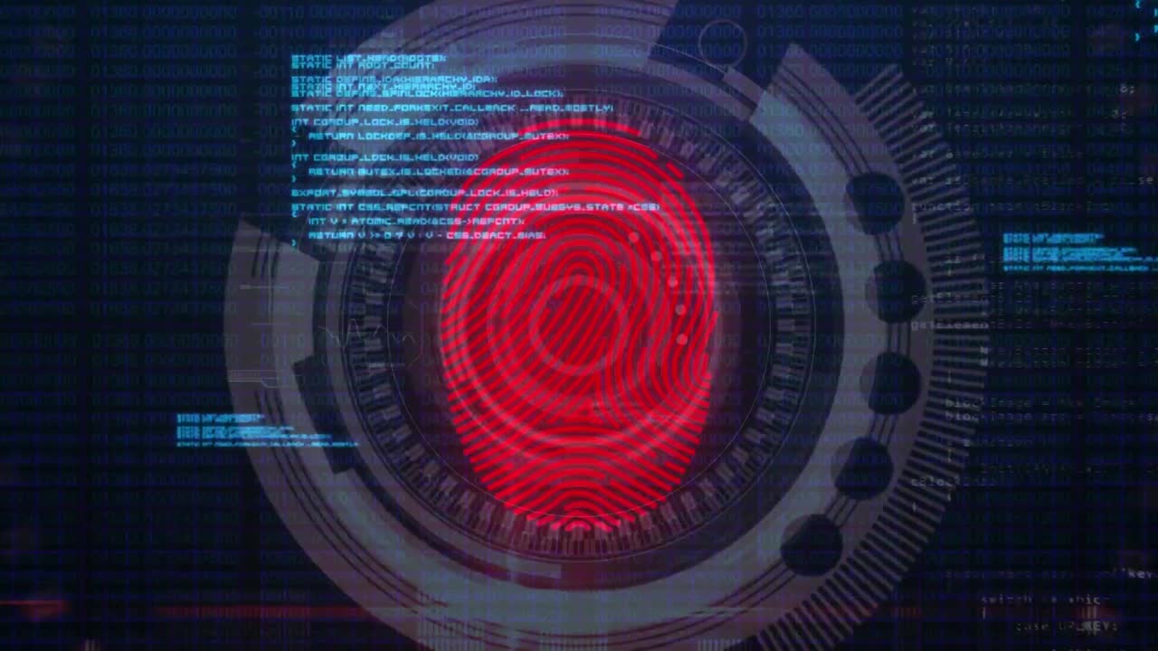escáner de huellas dactilares y procesamiento de datos contra un fondo azul
