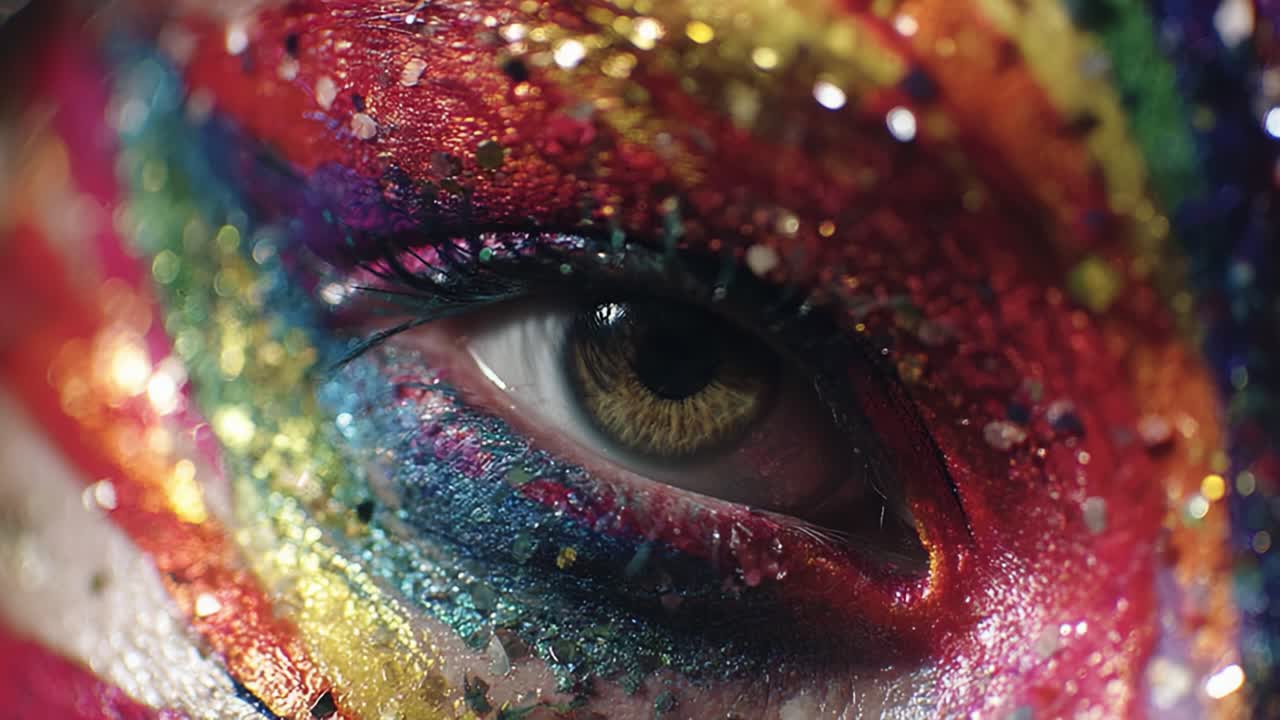 A Vibrant Close-up of an Eye Adorned with Colorful Glitter and Bold Face Paint, Showcasing a Stunning Visual of Artistic Expression and Creativity