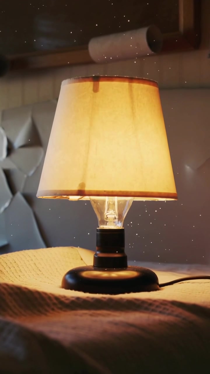 Video verticale: Scintillii che appaiono, lampada da comodino che illumina una coperta in camera da letto, creando un'atmosfera accogliente