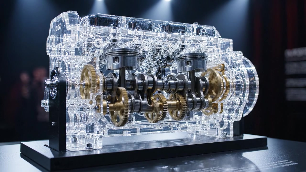 A Stunning Display of Transparent Engine Mechanics: Explore the Intricacies of Modular Engine Design and Gear Mechanisms in an Engaging Exhibit for Auto Enthusiasts