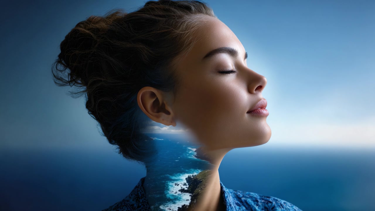 Un ritratto sereno di una giovane donna con un paesaggio oceanico onirico che emerge dalla sua silhouette, a simboleggiare pace e connessione con la natura.
