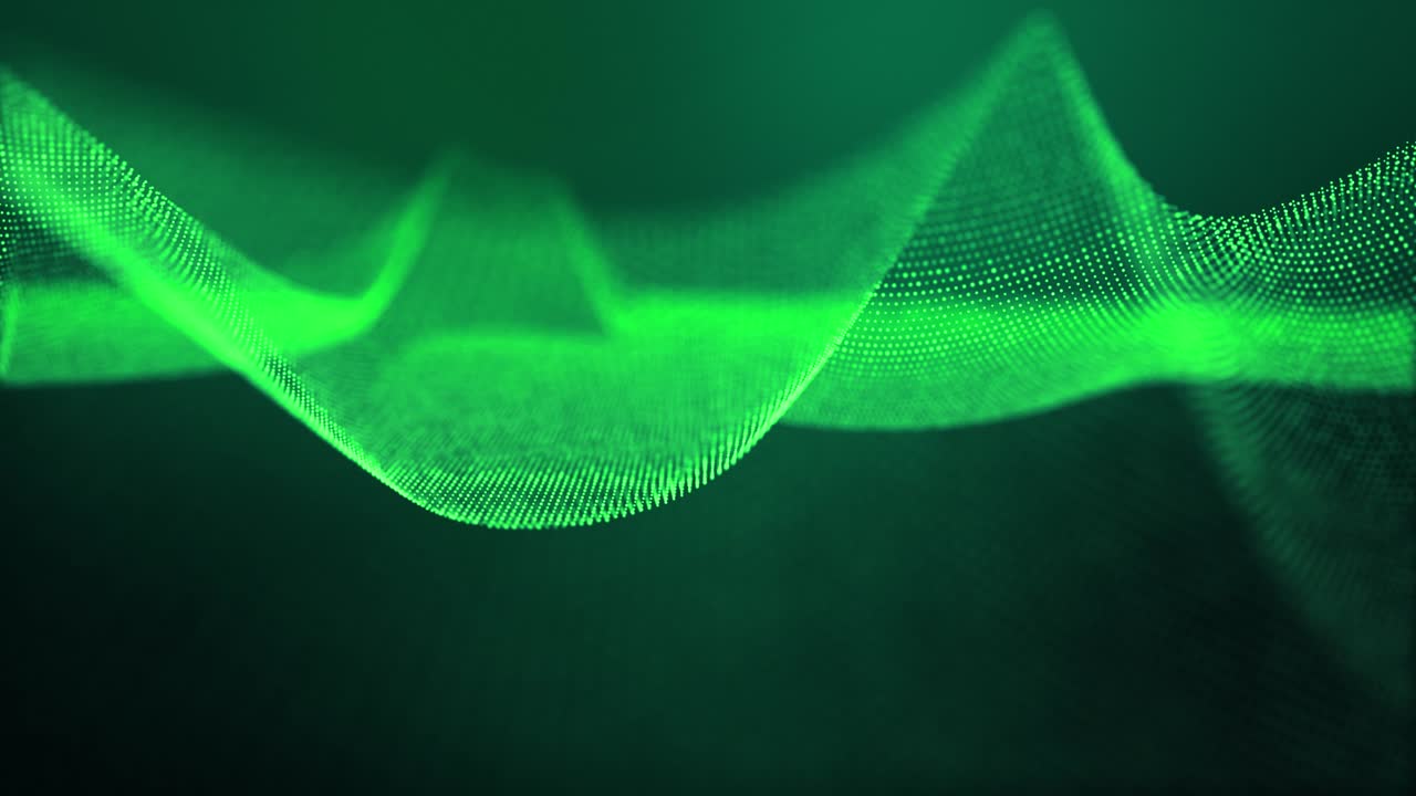 4k looped abstract green background of glow particles form lines, surfaces, structures as futuristic landscape in cyberspace or hologram. Sci-fi theme with DOF, lighting effects and bokeh.