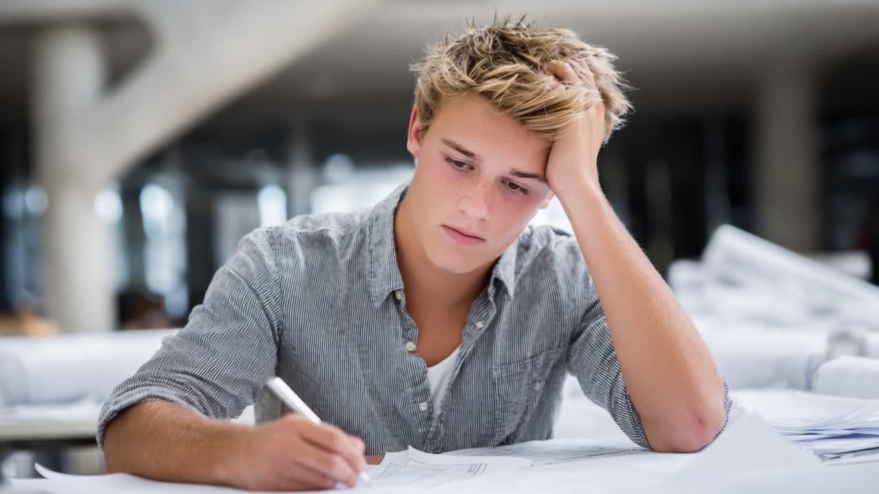 Un giovane studente assorto nei suoi pensieri: esamina dei documenti mentre lotta per concentrarsi e vincere la stanchezza in un ambiente di studio