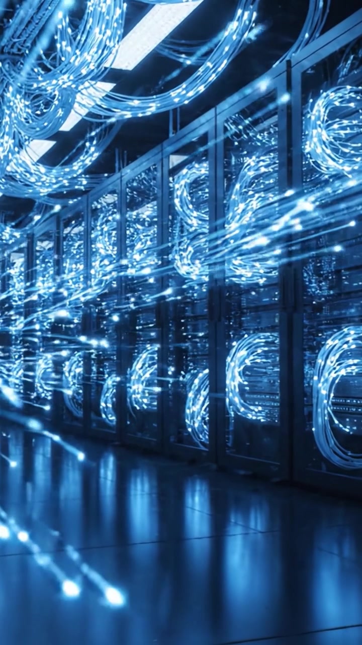 Dynamic Data Flow: A Visual Journey Through High-Speed Server Racks with Illuminated Cables and Pulsating Lights Showcasing Modern Computing Power