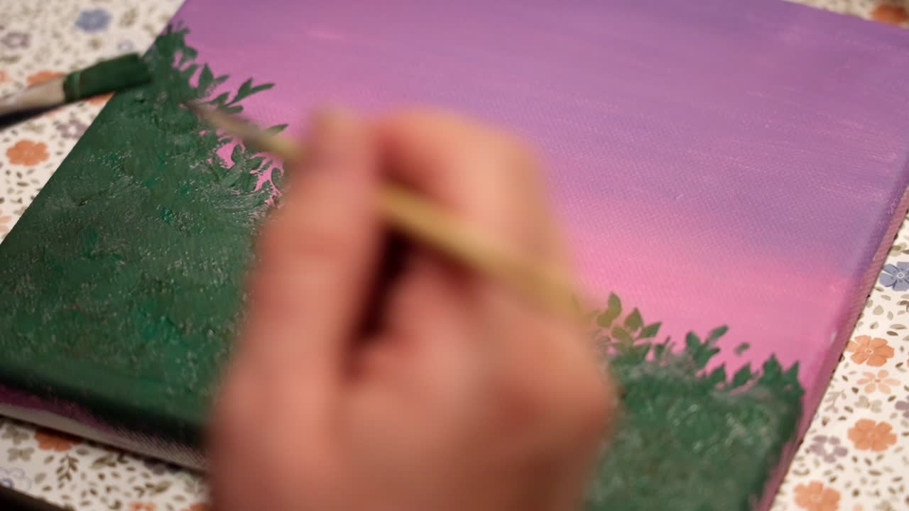 Adding detailed leaves to a green and purple gradient landscape painting