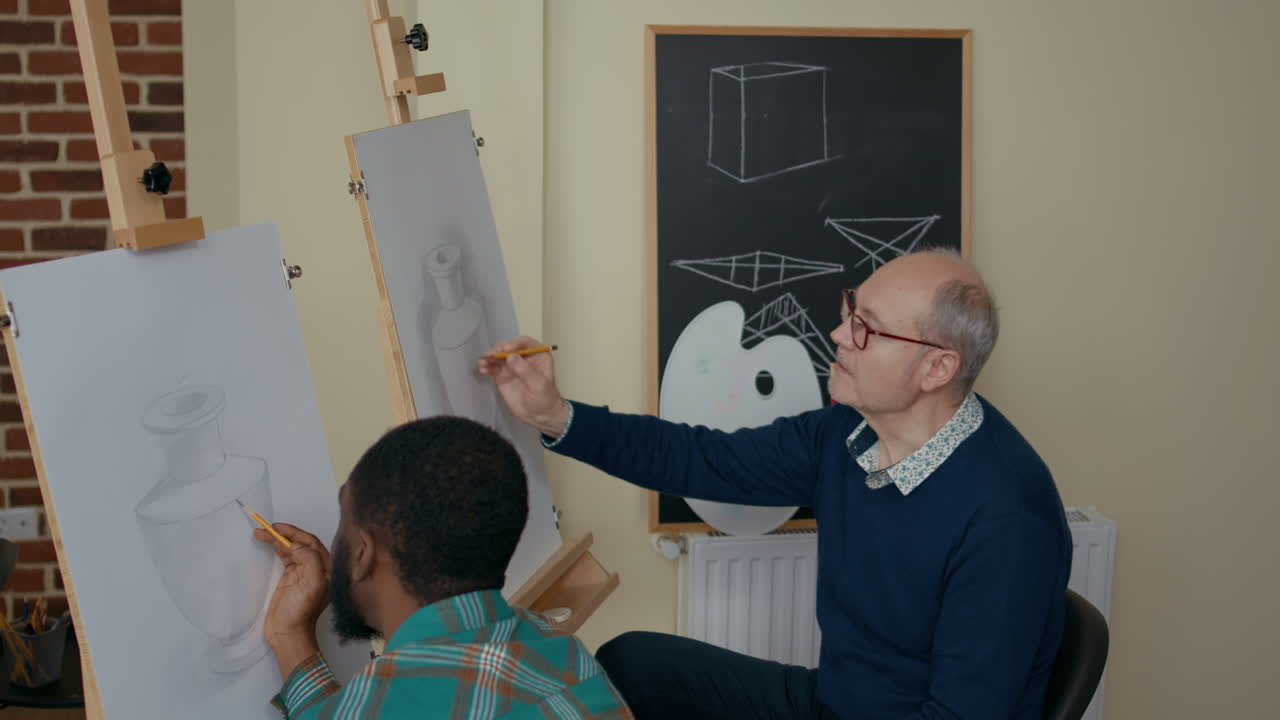 Team of students drawing vase model on canvas in art class