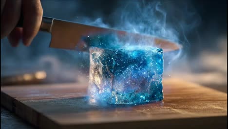 cutting a glowing blue ice cube